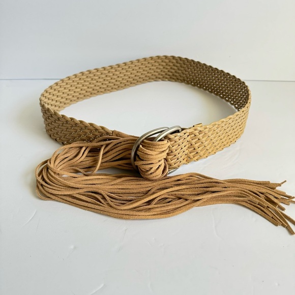 Vintage Woven Fringe Belt Tan Suede Boho Western Cowgirl Womens Medium / Large - Picture 2 of 12